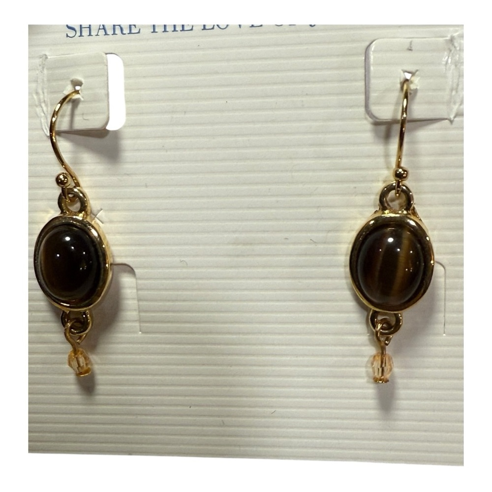 Lia Sophia “Butterscotch” Tiger’s Eye Bead Gold Tone Drop Earrings • NWT Card - Picture 3 of 4